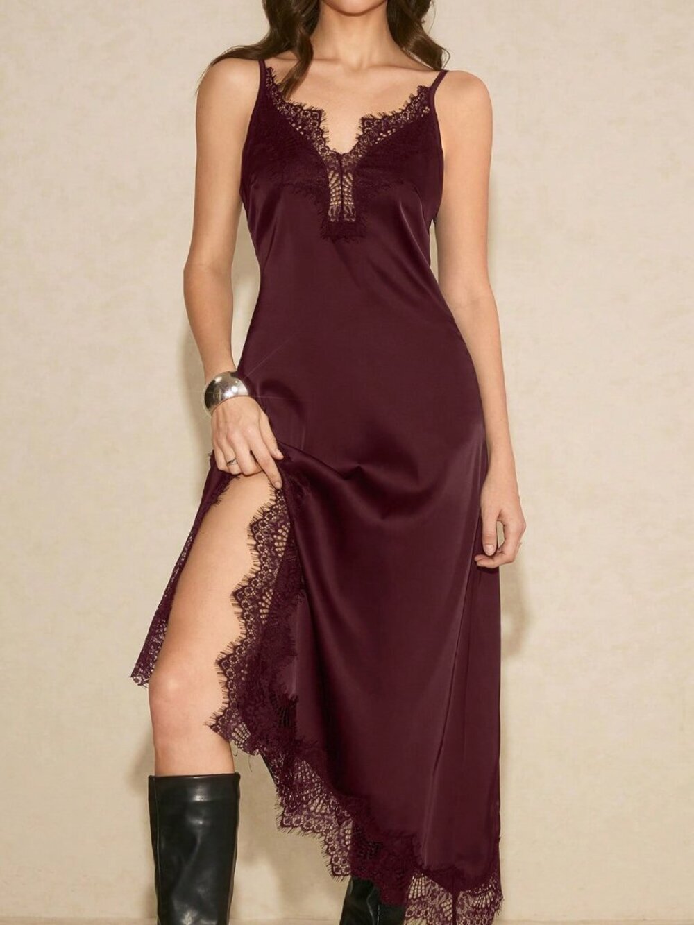 Coffee Brown Elegant Women's Lace Patchwork Maxi Dress with High Slit
